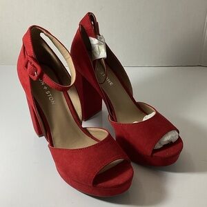 Sun + Stone Red Suede Platform Heels